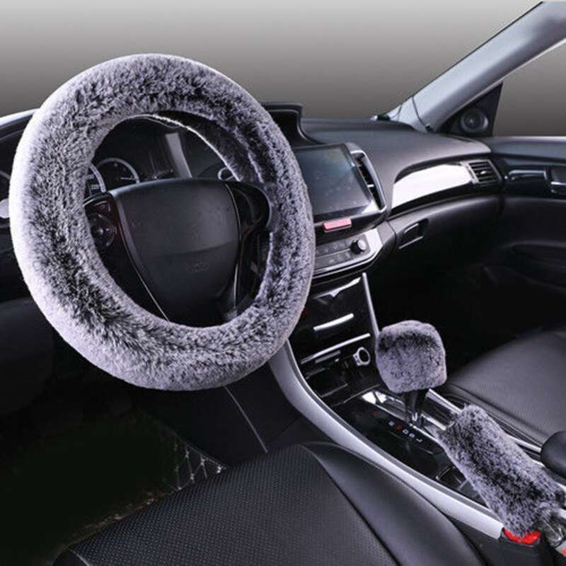 Steering Winter Otter Rabbit Fur Car Steering Wheel Plush Cartoon Handle Cover Three Piece Set Universal_voghion.com