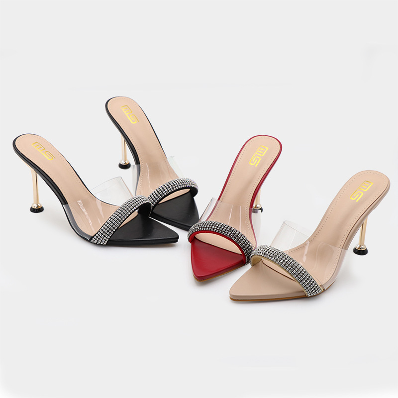 Women’s Shoes New Summer Sexy Pointed Toe Rhinestone Stiletto Sandals, Versatile Solid Color Plus Size Women’s Shoes