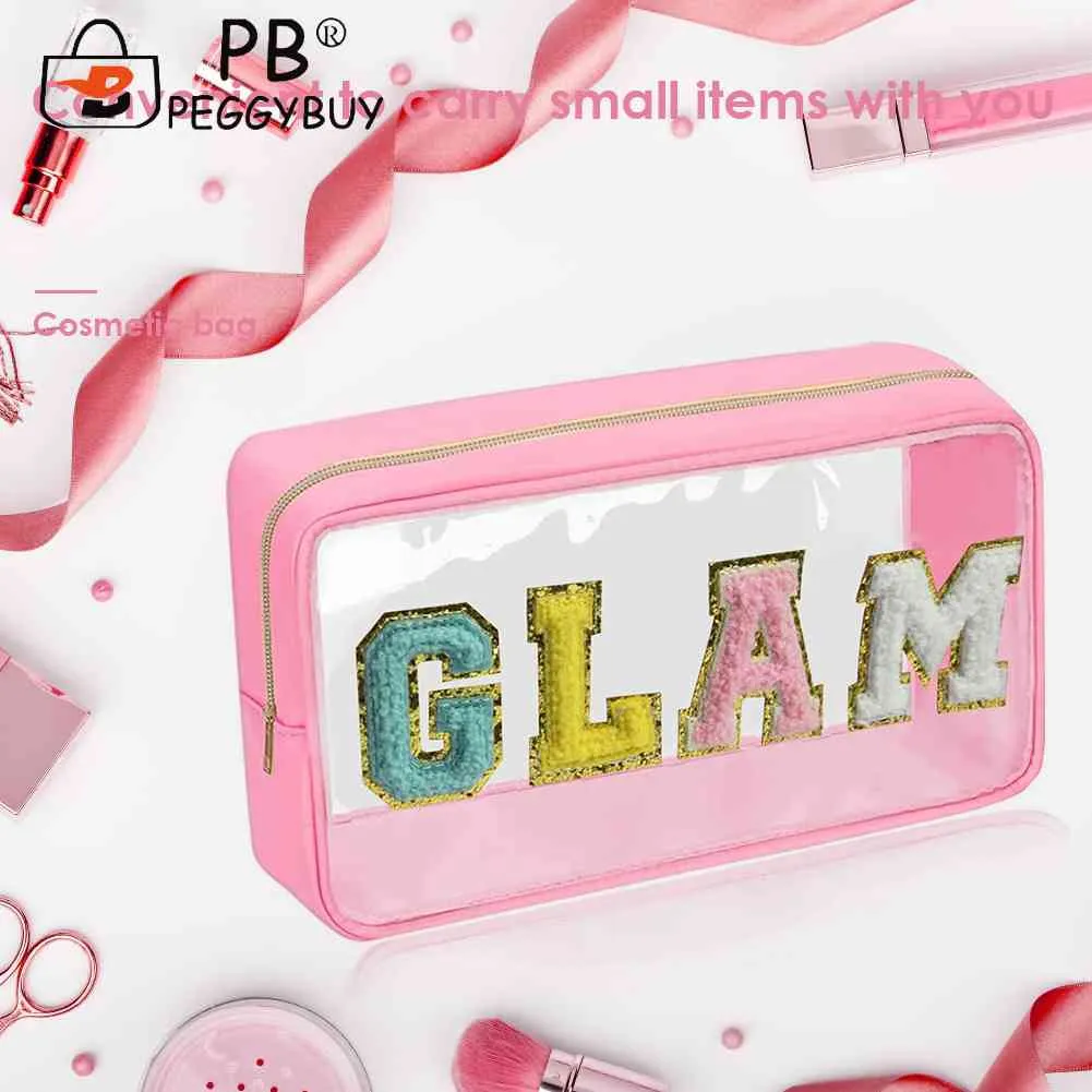 Fashion Cosmetic Bag Large Capacity Casual Organizer Clutch Bags Transparent Embroidered Letter Patches Portable For_voghion.com