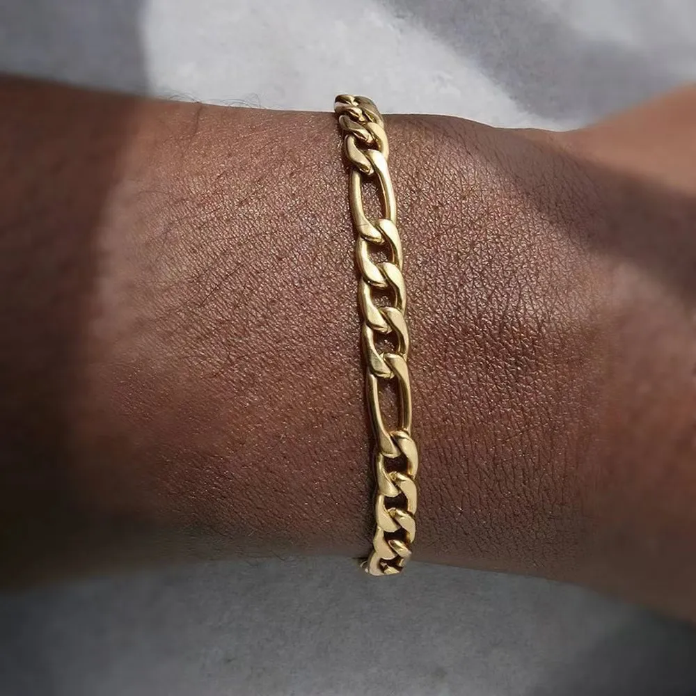 Brățară placată cu aur autentic, lanț cubanez de 5 mm, frânghie de 3 mm, unică, subțire, cu microfigaro, lanț de grâu, din oțel inoxidabil, streetwear_voghion.com