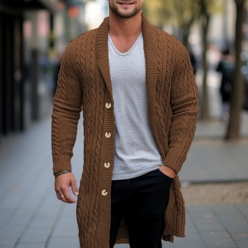 Men's Clothing men's mid length knitted sweater thick needle twisted flower cardigan woolen jacket SY0107_voghion.com