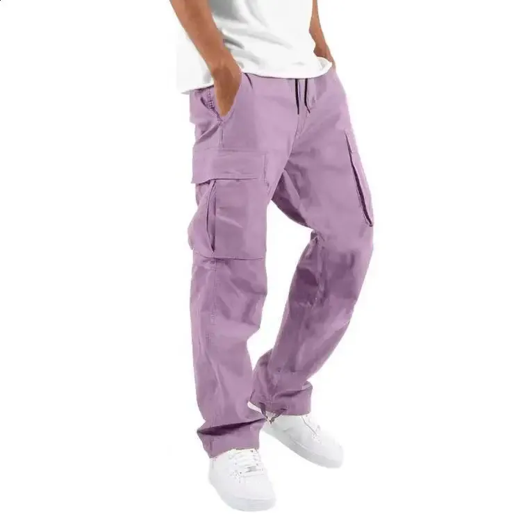 Calças para homens comprimento total cor sólida solta vários bolsos bolsos com cordão calças cargo masculinas 3XL 240813_voghion.com