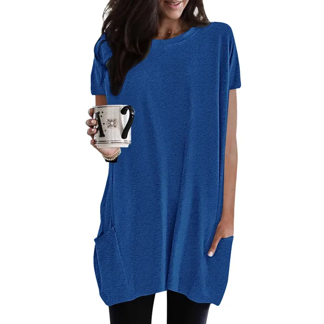 hot selling Women Long T-Shirts Summer Casual Solid Crewneck Shirts Short Sleeve Loose Tops Blouse With Pockets Lady Pullover_voghion.com