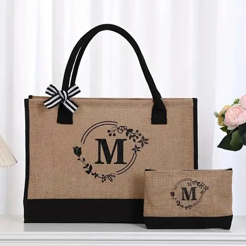 Reusable Jute Large Capacity Printed Letters Set Ladies Shopping Party DIY Gift Bag Shoppin241116_voghion.com