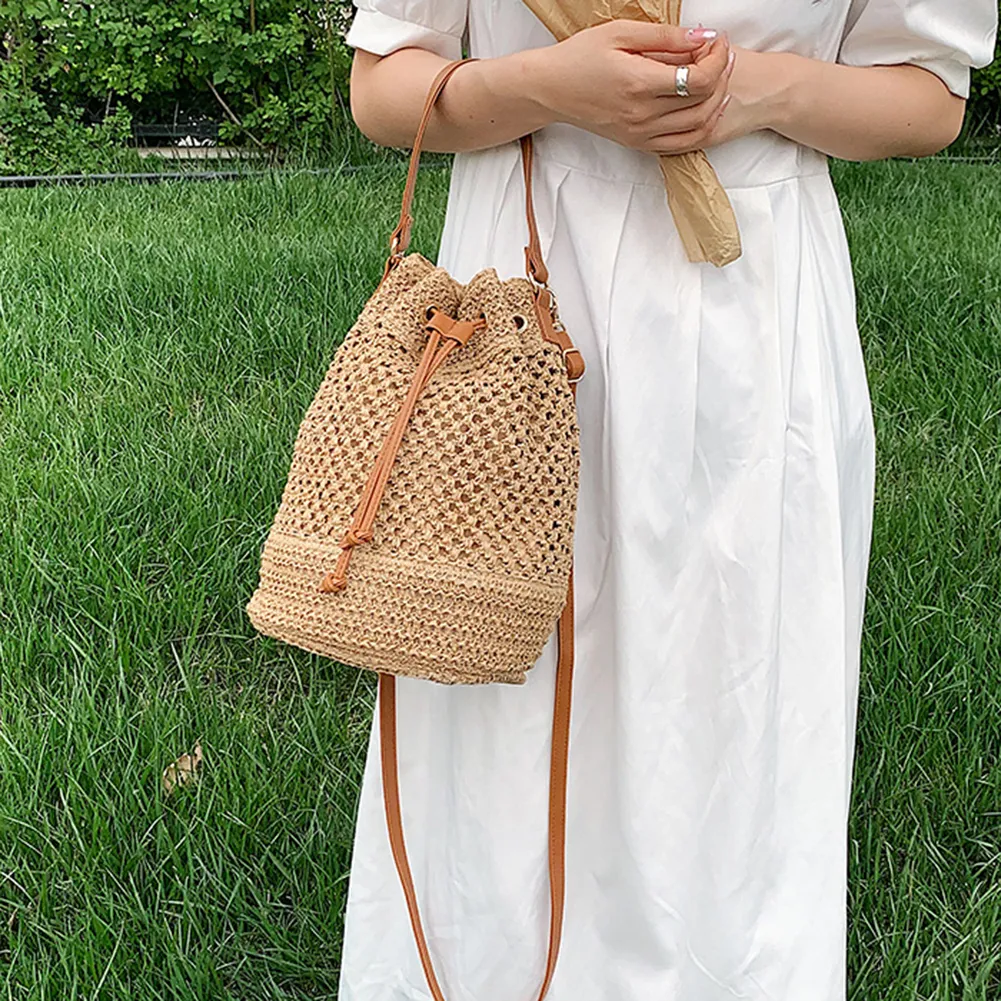 Summer Women Handbags Drawstring Straw Beach Crossbody Bags Adjustable Strap Fashion Casual Simple Elegant For Weekend_voghion.com