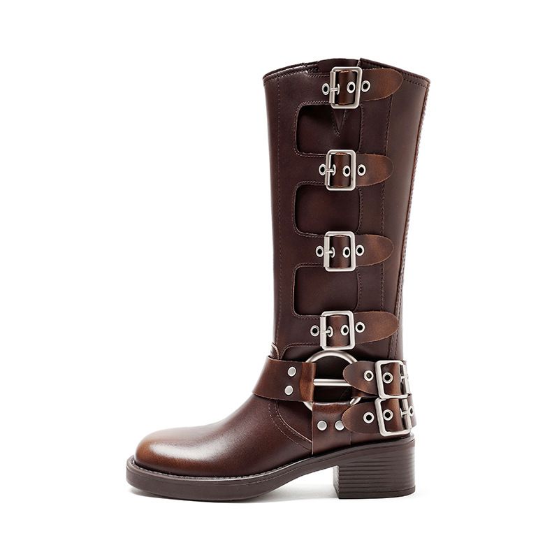 Botas femininas estilo cowboy ocidental com fivela de cinto vermelha e cabeça quadrada Martin Internet, outono 2024_voghion.com