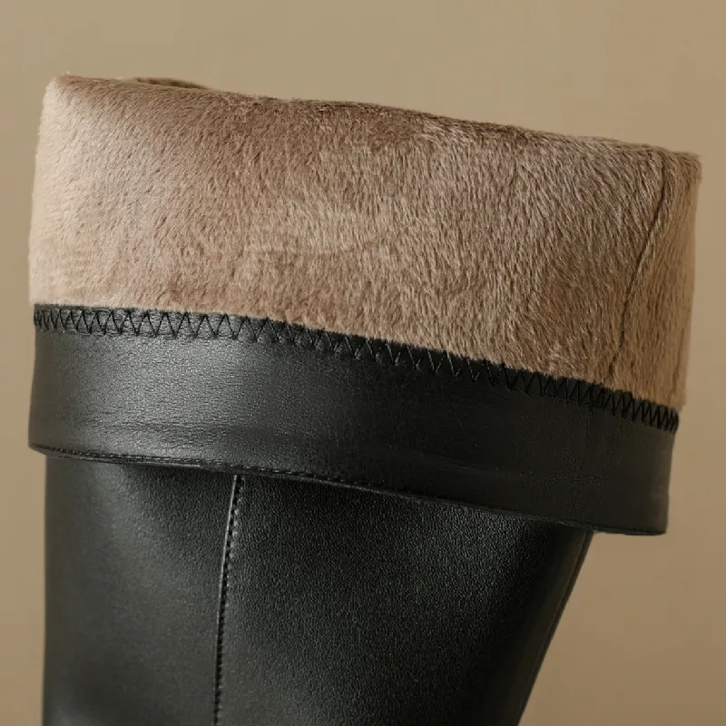 Genuine Leather Tall Women Thick Heels Knee High Boots Autumn Winter Warm Ladies Long Shoes Black Elegant Designer_voghion.com