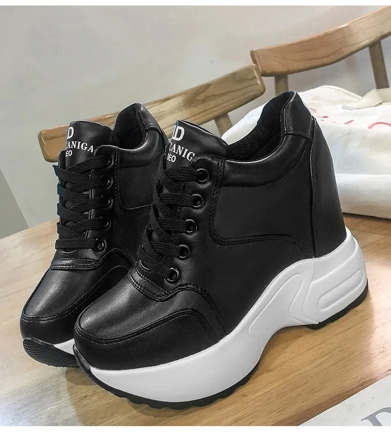 Women's Platform Sneakers Leather Chunky Trainers White Wedges_voghion.com