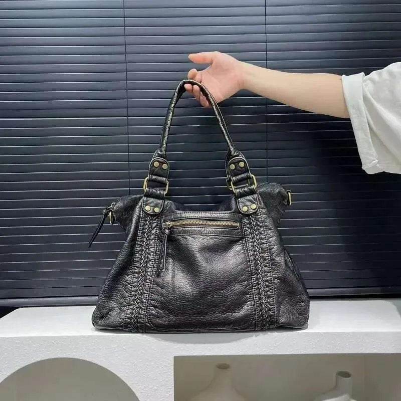 Elegant Y2k Motorcycle Shoulder Bag Large Retro Washed Handbag_voghion.com
