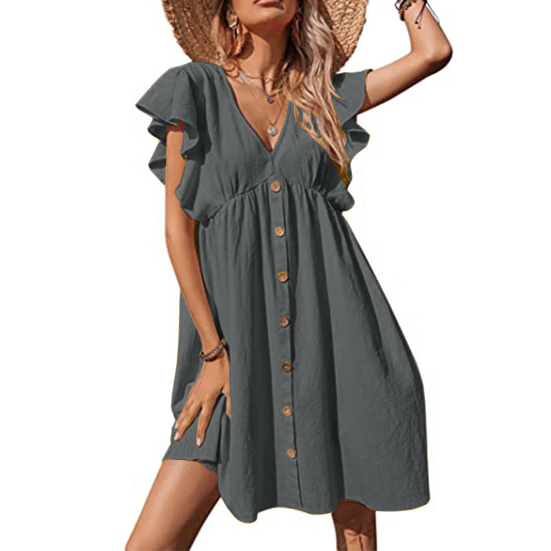 Abito da donna di media lunghezza con scollo a V pieghettato casual con bottoni alla moda_voghion.com