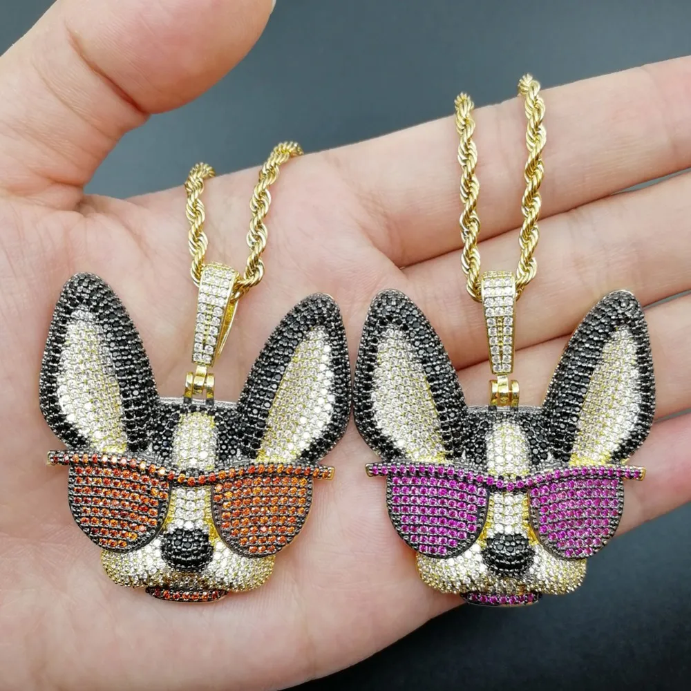 Colgante de latón con circonita cúbica grande y diseño de perro ingenioso con gafas, collar de estilo hip hop helado para hombres y mujeres, joyería de fiesta, regalo CN1371_voghion.com