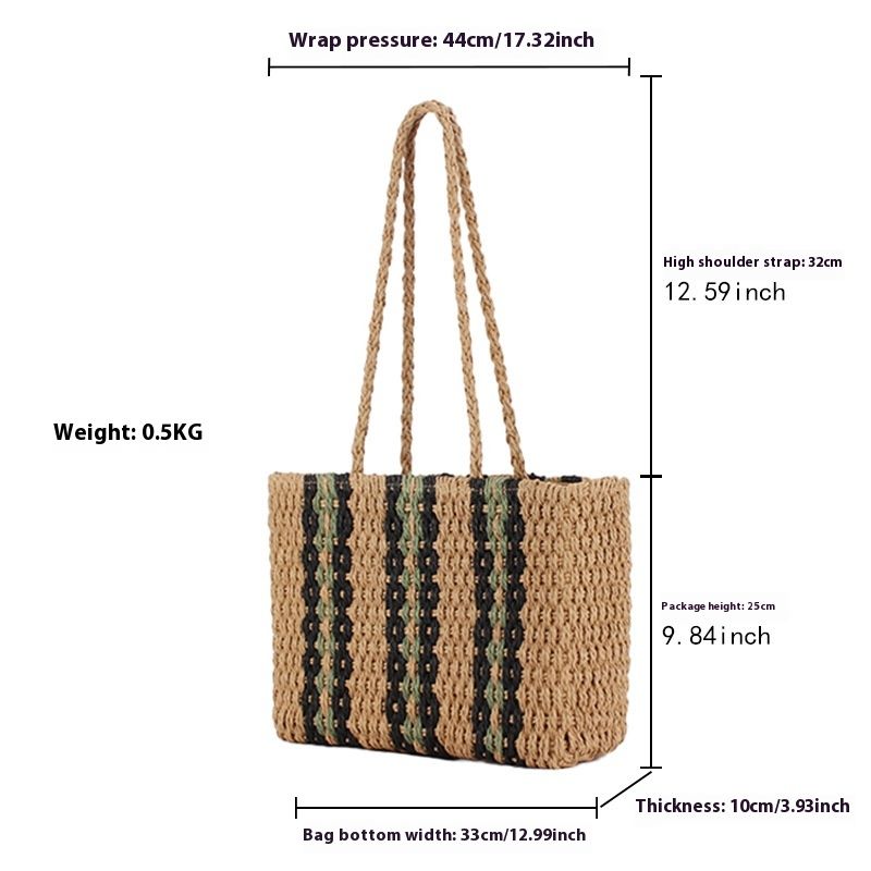 Neue vertikal gestreifte Tasche aus Grasgewebe mit einer Schulter, modische Damentasche, geeignet für Sommerferien,_voghion.com