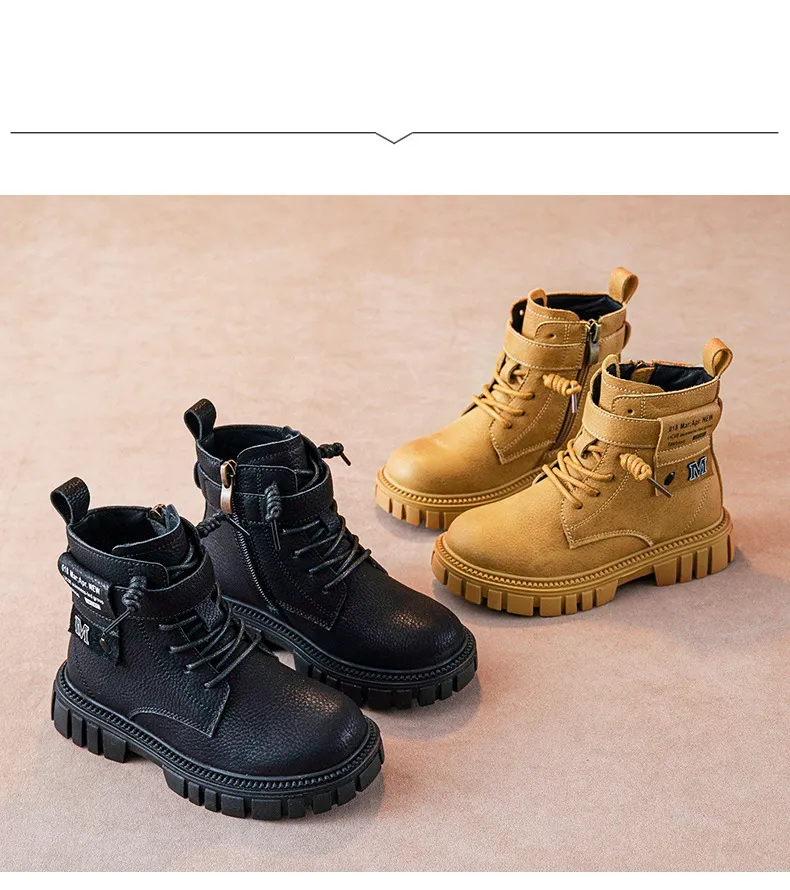 Botas Happysteps de cuero estilo motociclista con correa al tobillo para niños grandes, para montar a caballo, senderismo, otoño e invierno, talla grande_voghion.com