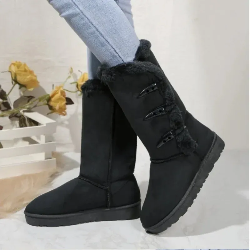 Vrouwen Sneeuw Winter Mid-calf Warm Katoenen Schoenen Mode Effen Kleur Knoop Dames Bruin Lange Laarzen Plus Maat 41 240830_voghion.com