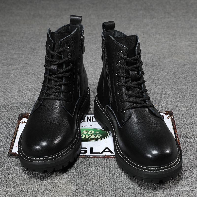 Men's first layer cowhide ankle British plus fleece work trend high top men's shoes motorcycle boots_voghion.com