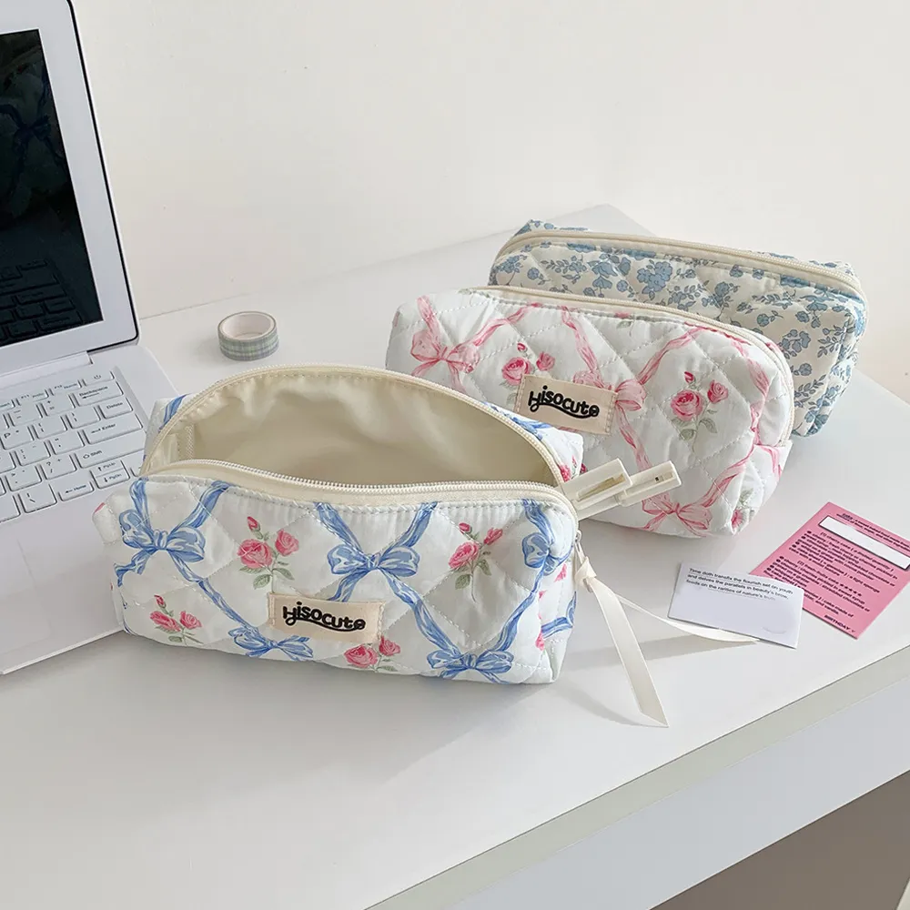 Borsa da trucco con cerniera, grande capacità, portatile, per cosmetici da donna, con fiocco e fiore, per ragazze._voghion.com