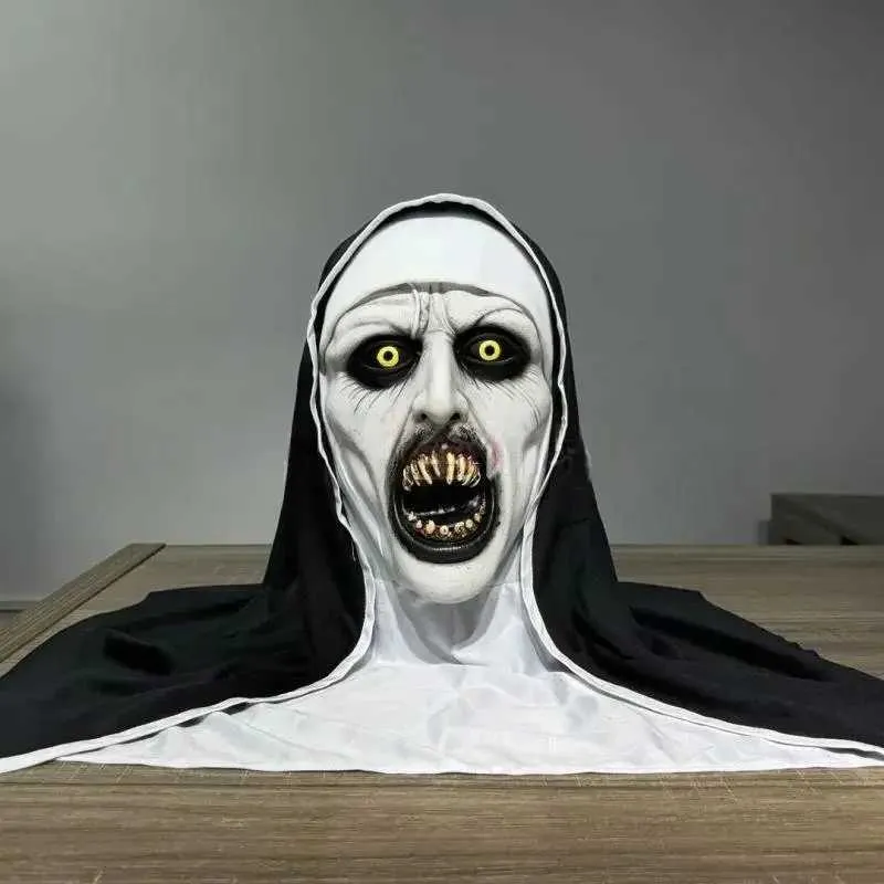 Läskig latexmask med korshalsband och huvudbonad Halloweenfest maskerad nunnadräkttillbehör Y240829_voghion.com