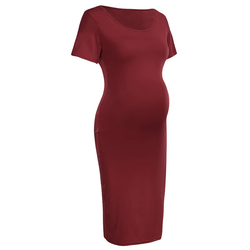 bunvel Sommer Bodycon Gravide Kvinner Sommerkjoler Ensfargede Mammaklær Kortermede Graviditetskjoler Premama Wear_voghion.com
