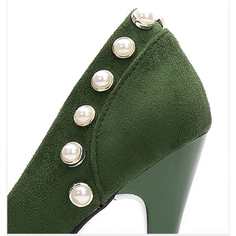 913-86 Printemps et Automne Tête Ronde Plateforme Imperméable Hentian Talon Haut En Daim Bouche Peu Profonde Clou De Perle Unique Femmes_voghion.com