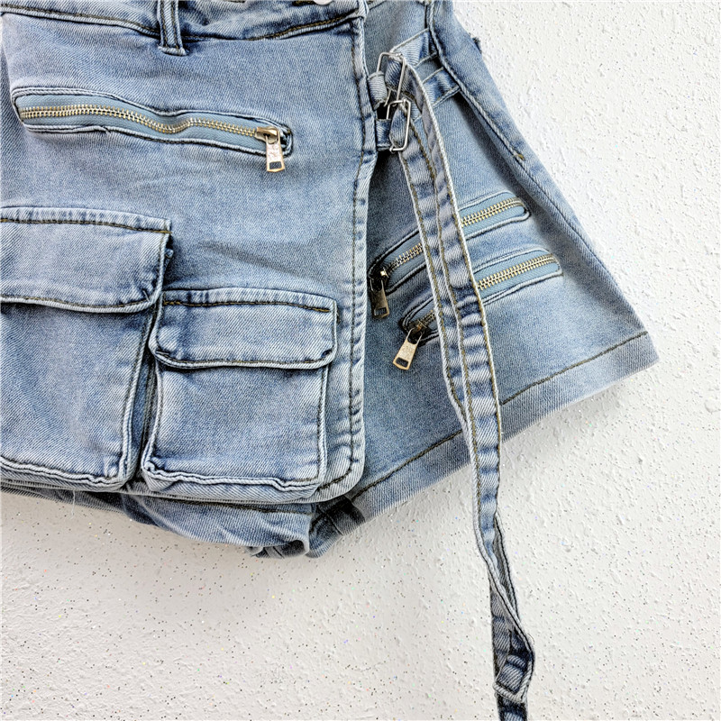 Damen-Shorts, koreanische Version, unregelmäßige Arbeitskleidung mit mehreren Taschen, A-Linien-Shorts für Damen, lockeres, weites Bein, 2024 Frühling/Sommer, neuer Jeansrock_voghion.com
