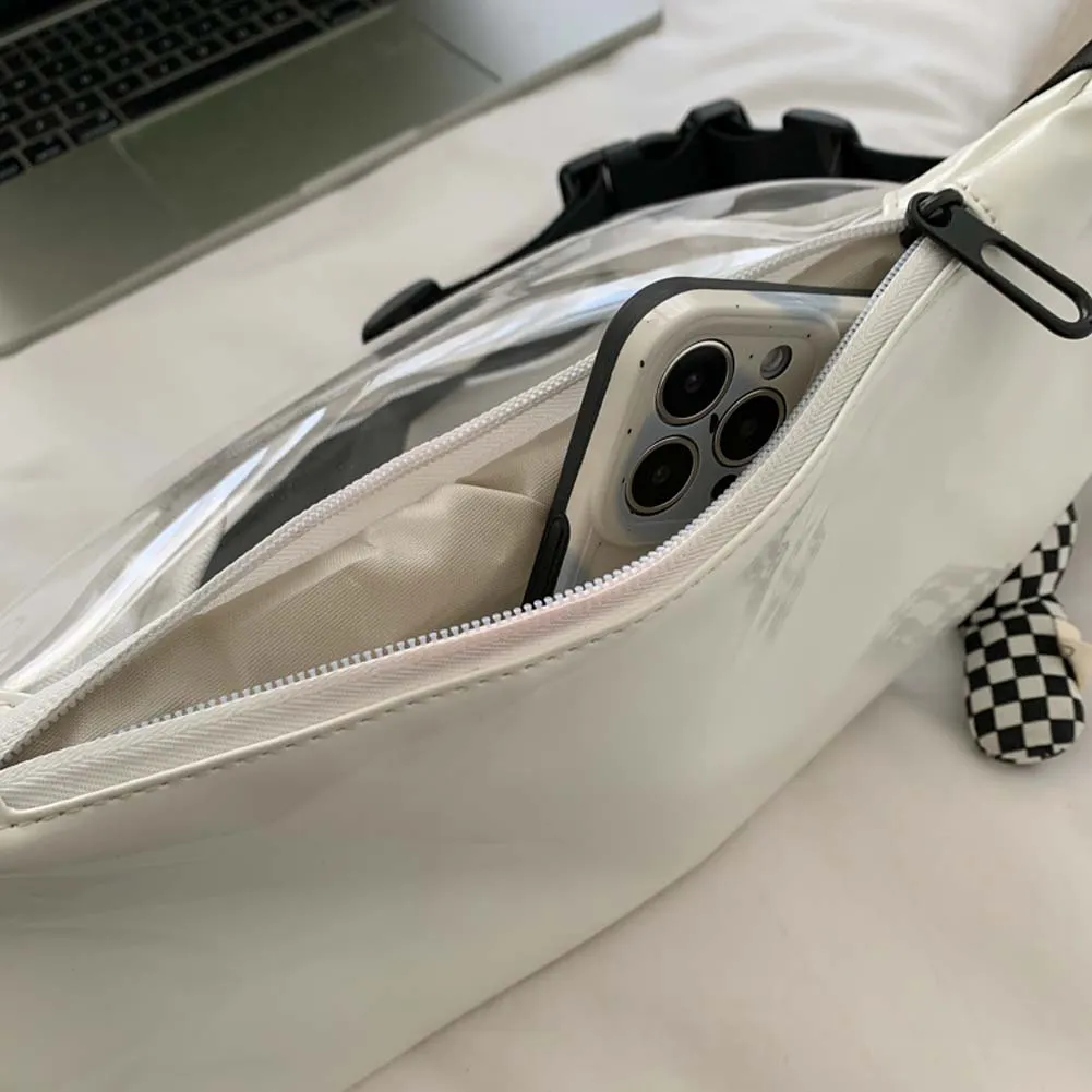 Fashion Fanny Packs Unisex Clear PVC Waist Pouch Multi-functional Letter Printed With Pendant Adjustable Buckle Strap_voghion.com