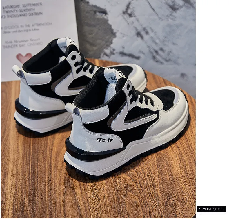 Genuine Leather Sneakers For Women Mixed Color Platform Casual Autumn Winter Warm Plush High Top Sports Shoes_voghion.com