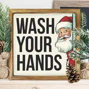 8x8" Vintage Weihnachtsmann "Wasch deine Hände" Holzschild - Rustikale Wandkunst für Küche, Bad & Büro | Einzigartiges Weihnachtsgeschenk_voghion.com