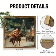 Tablou de perete din lemn cu Moș Crăciun cowboy de 20x20 cm - Moș Crăciun festiv din vest, cal călare sub stele. Decor unic de Crăciun, în stil rustic._voghion.com