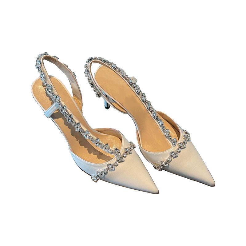 Damenschuhe Französische kleine Absätze Promi spitz einzelne Schuhe Fee weiße High Heels Stiletto Strass Baotou Sandalen weiblicher Sommer_voghion.com