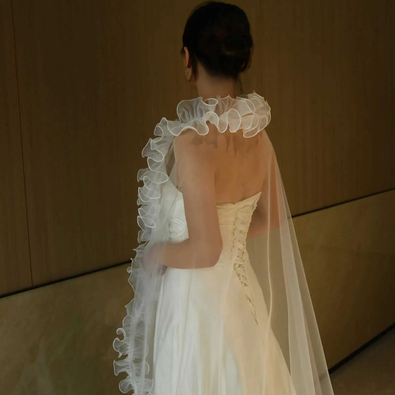 Haarschmuck V212 Brautschleier mit schicken Rüschen KEIN KAMM Schleier Bolero Schal abnehmbares Hochzeitsaccessoire_voghion.com
