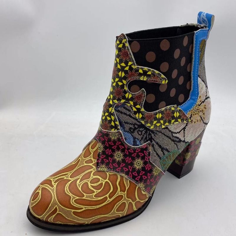 Vintage Splicing Impresso Tornozelo para Mulheres Sapatos Femininos PU Couro Retro Bloco Salto Alto Bohemian Senhoras Inverno Curto_voghion.com