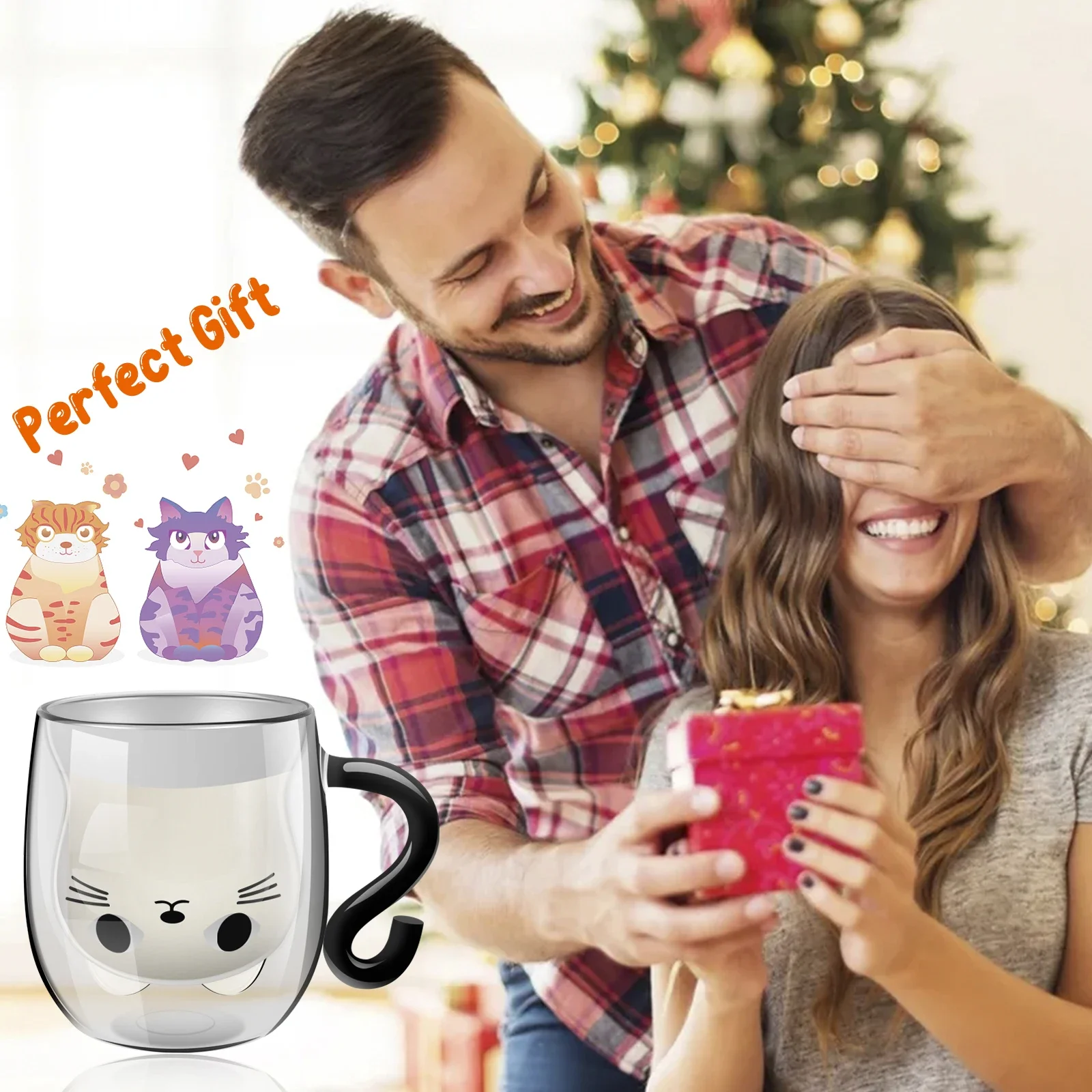 Double Wall Vacuum Cat Glass Mug Heat Resistant Coffee Milk Cup_voghion.com