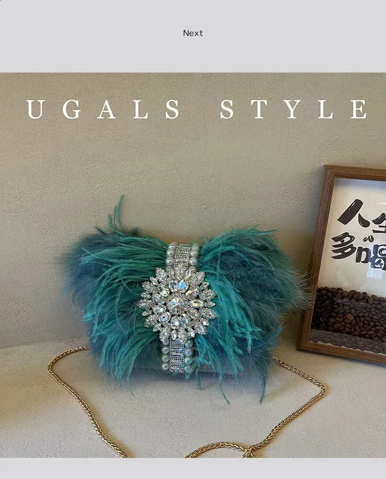 Ostrich Feather Evening Bag With Pearl Details For Women Party_voghion.com