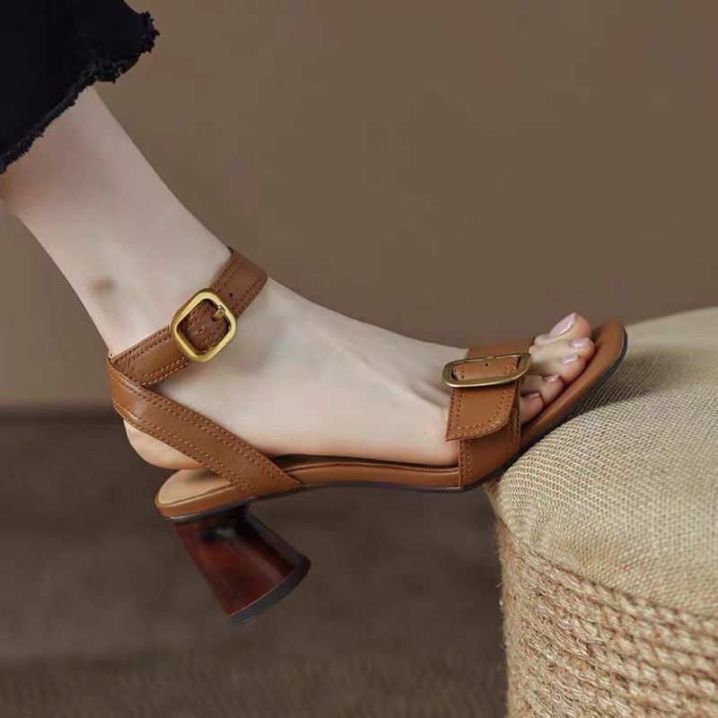 Metal High Heels Summer Square Toe for Women Vintage Buckle Lady Sandals Mid Heel Female Pumps_voghion.com
