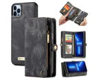 CaseMe für 13 Pro, Reißverschluss und abnehmbare Retro-Ledertasche, Brieftasche, Klapptasche, abnehmbare Handyhülle (schwarz)_voghion.com
