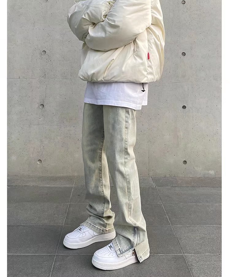 New High Street Washed Used Yellow Mud Dyeing Zipper Split Jeans Men's Straight Tube Casual Micro Pull Pants Trendy_voghion.com