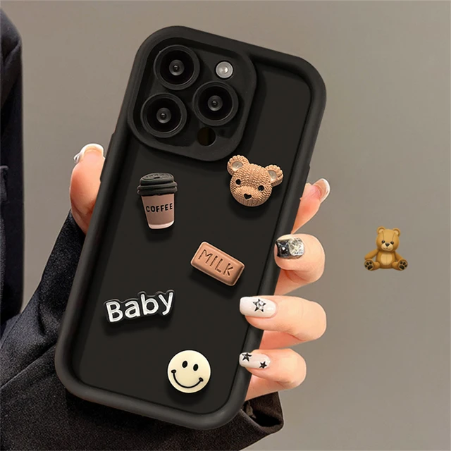 Söpö korealainen sarjakuva 3D-kahvikarhukuori iPhone 15 14 13 12 11 Pro Max X XR:lle, kiinteän värinen silikoninen iskunkestävä suojakuori_voghion.com