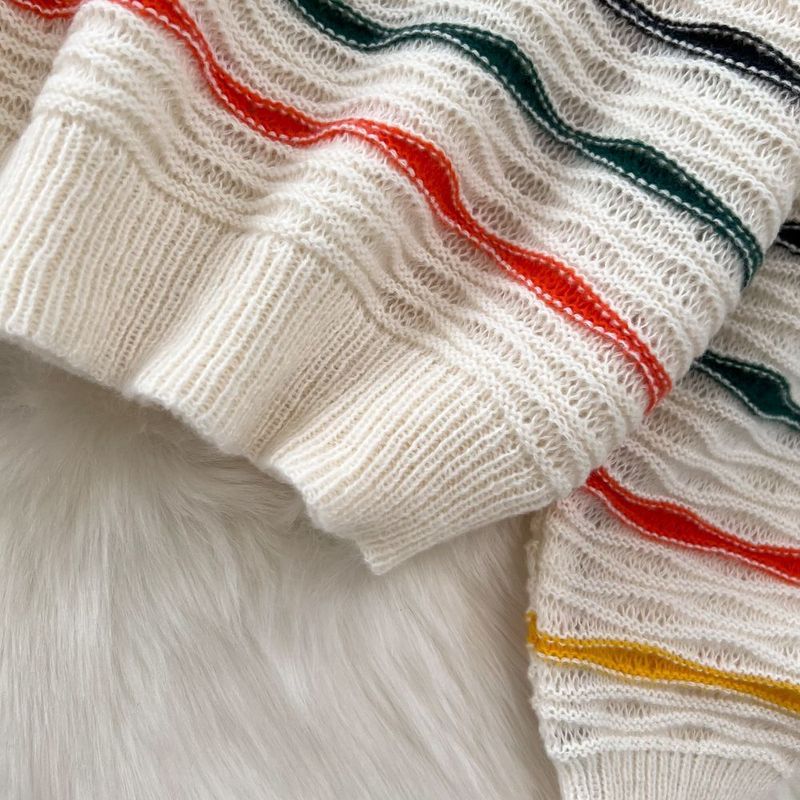 Women's fashion color contrast knit suit ice cream striped top slimming slit skirt_voghion.com