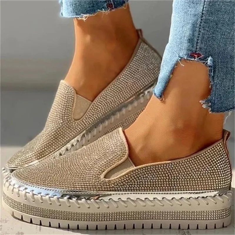 Ladies Flat Sequined Sneakers Casual Women's Mesh Lace-up Fine Dia Sequins Thick-soled Comfortable Vulcanized Shoes_voghion.com