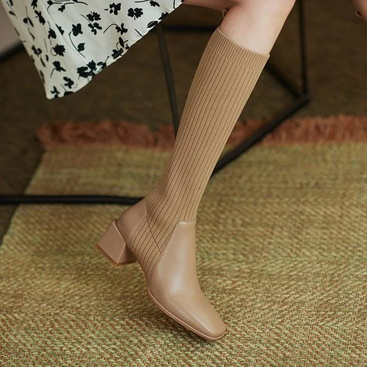 Knee Thick High Socks Winter Womens Long Boots Elegant Autumn Brown Wedge Elastic 241116_voghion.com