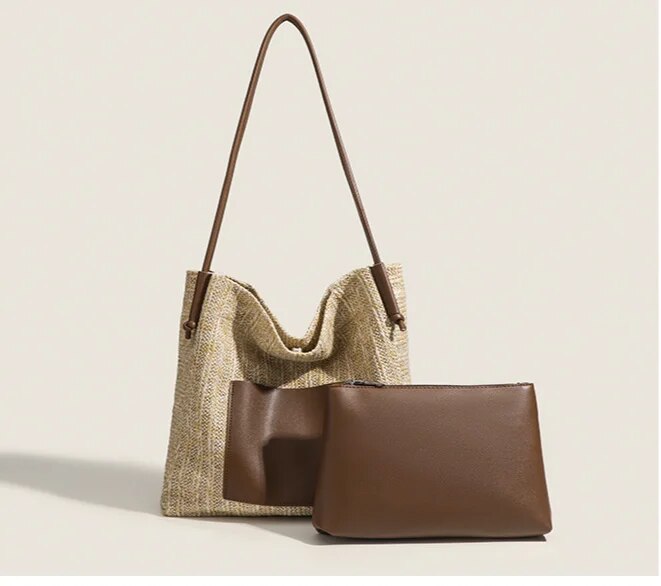 Grass woven tote bag for spring versatile women with niche design, large capacity commuting, seaside vacation style_voghion.com