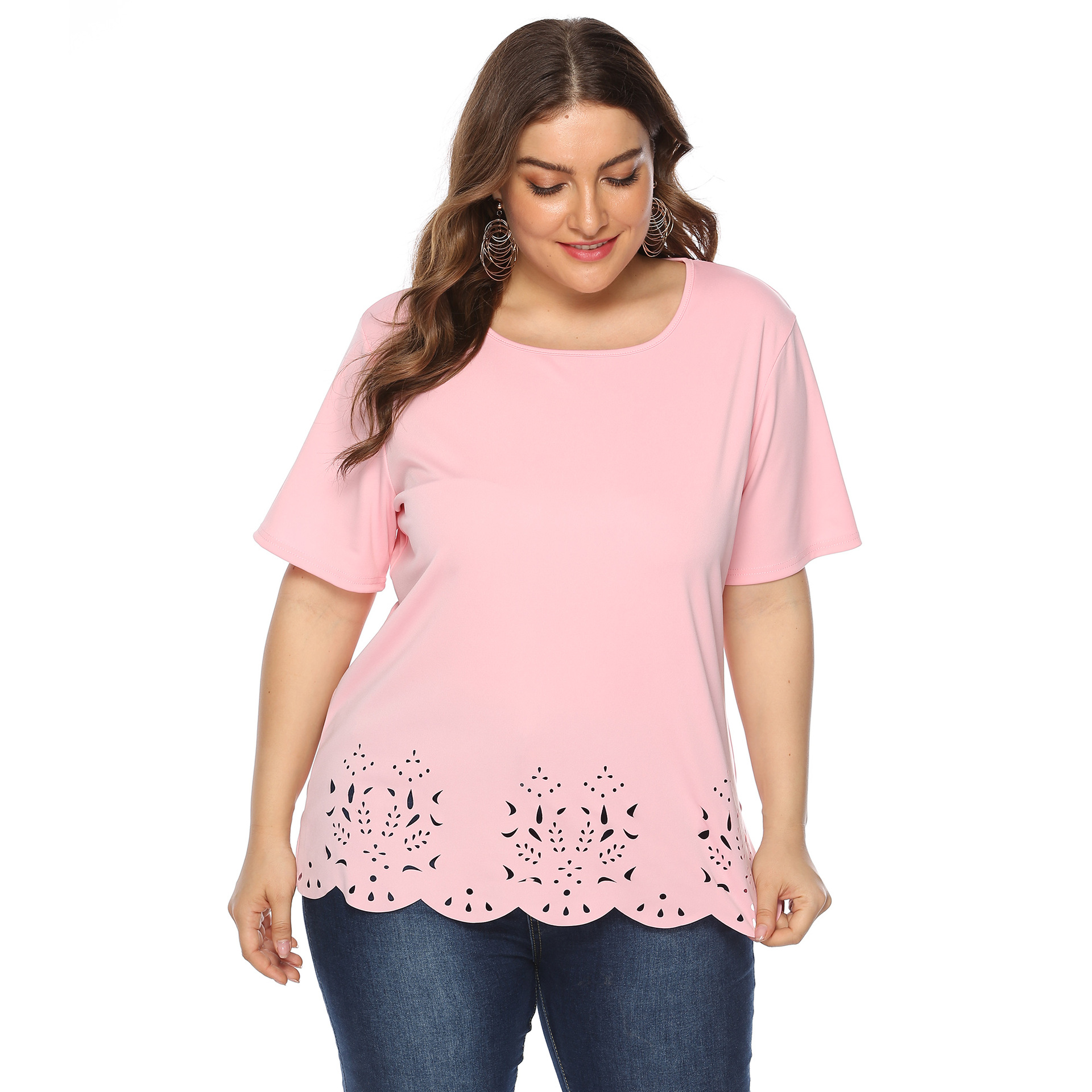 Women's tops large size women's clothing solid color burnt flower hollow wave edge casual short-sleeved T-shirt_voghion.com
