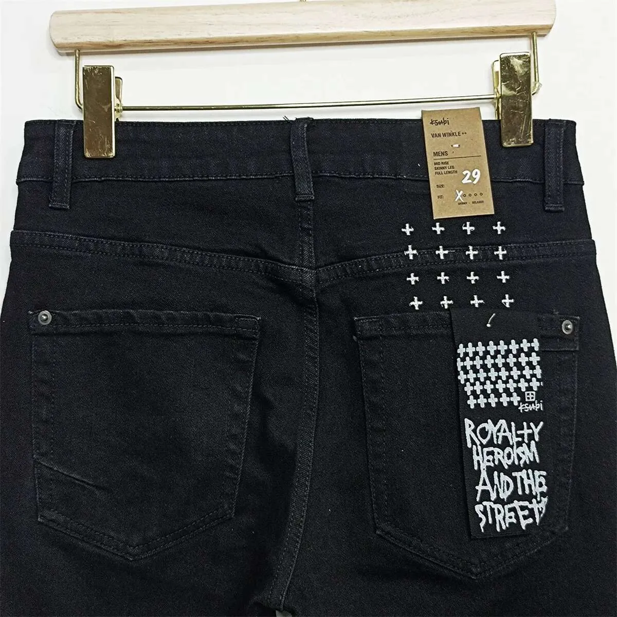 KSUBI Cross Men Fashion American High Street Black Casual Letter Embroidery Pants Stretch Skinny Ripped Frayed Jeans_voghion.com
