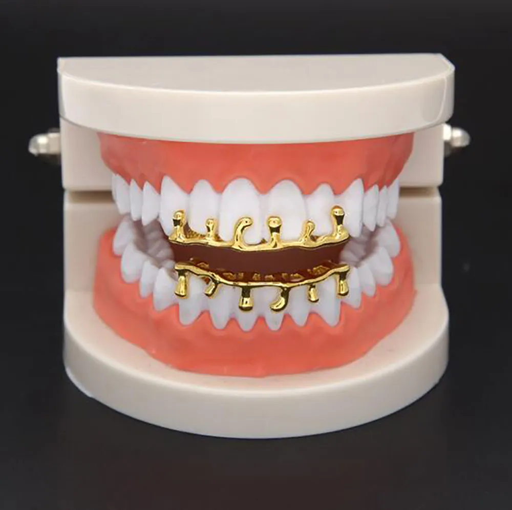 Mode Hip Hop Lava Grillzs vergoldet oben und unten Vampirzähne Grillz Rock Punk Rapper Zubehör mit 2 Silikon_voghion.com