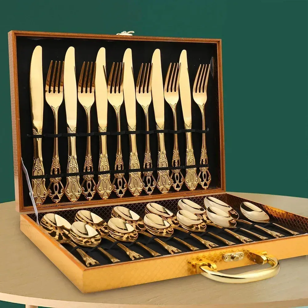 Conjunto de talheres de aço inoxidável dourado, colher, garfo e faca de bife europeus, retrô, oco, louça, talheres_voghion.com