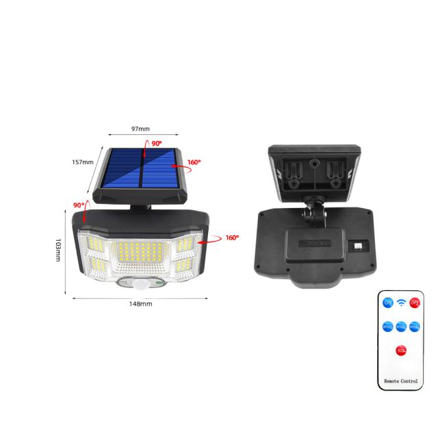192 SMD COB LED Outdoor Solar Lights 3 Heads Wall Lamp Motion Sensor 270 Wide Angle Illumination Waterproof with Remote Control_voghion.com