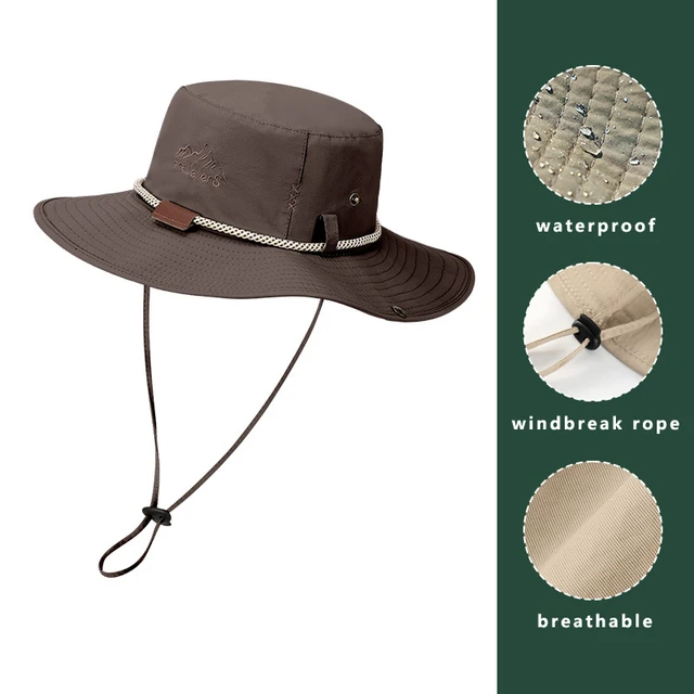 Nei Arrivée Männer Eemer Bréif Broderie Lieder Label Cowboy waasserdicht Outdoor Wanderung Fëscherei Cap Liicht 8cm Rand Anti-UV Sonn Hut_voghion.com