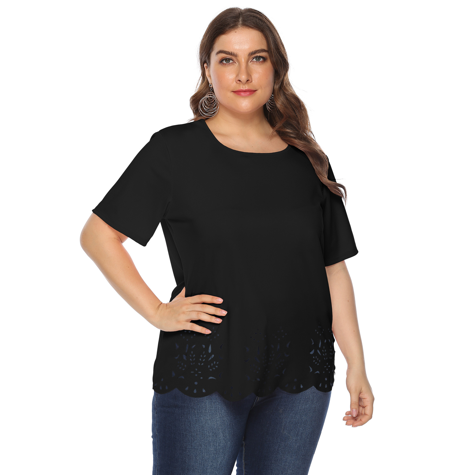 Women's tops large size women's clothing solid color burnt flower hollow wave edge casual short-sleeved T-shirt_voghion.com