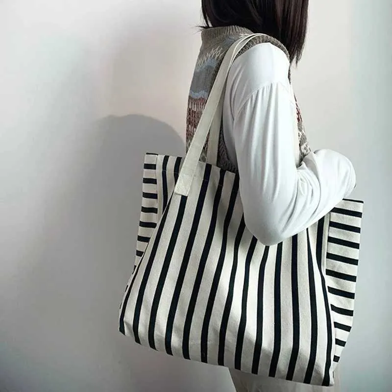 New Beach Handbag Fi Wen Canvas Summer Large Capacity Strip Shopping Bag Y241109_voghion.com