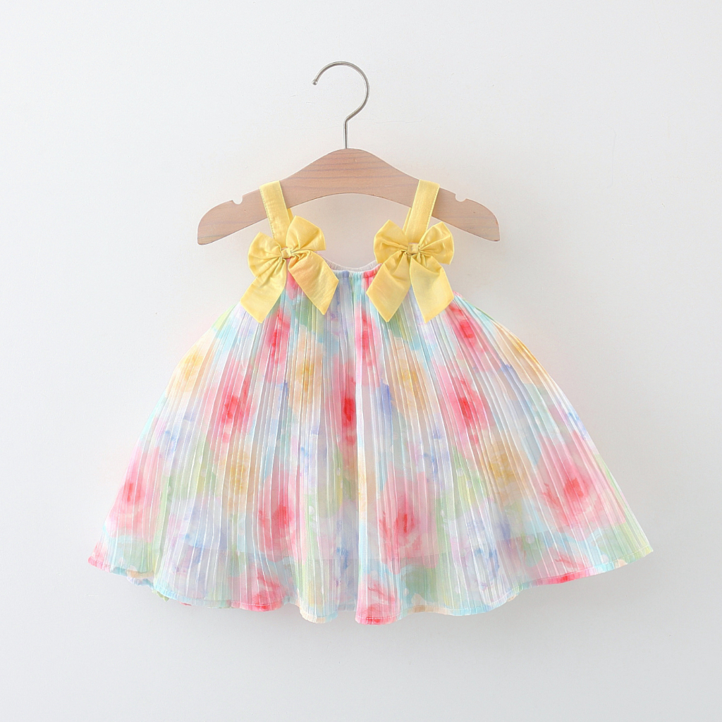 Baby Girl Dress Rose Printed Chiffon Bow Sling Dress Cute Baby Clothes_voghion.com
